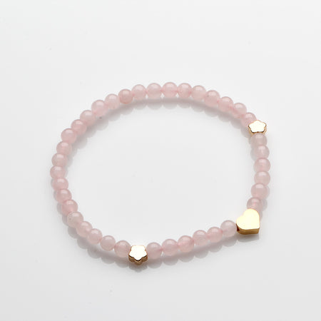 ROSE QUARTZ, GOLD PLATED HEART, FLOWER BRACELET