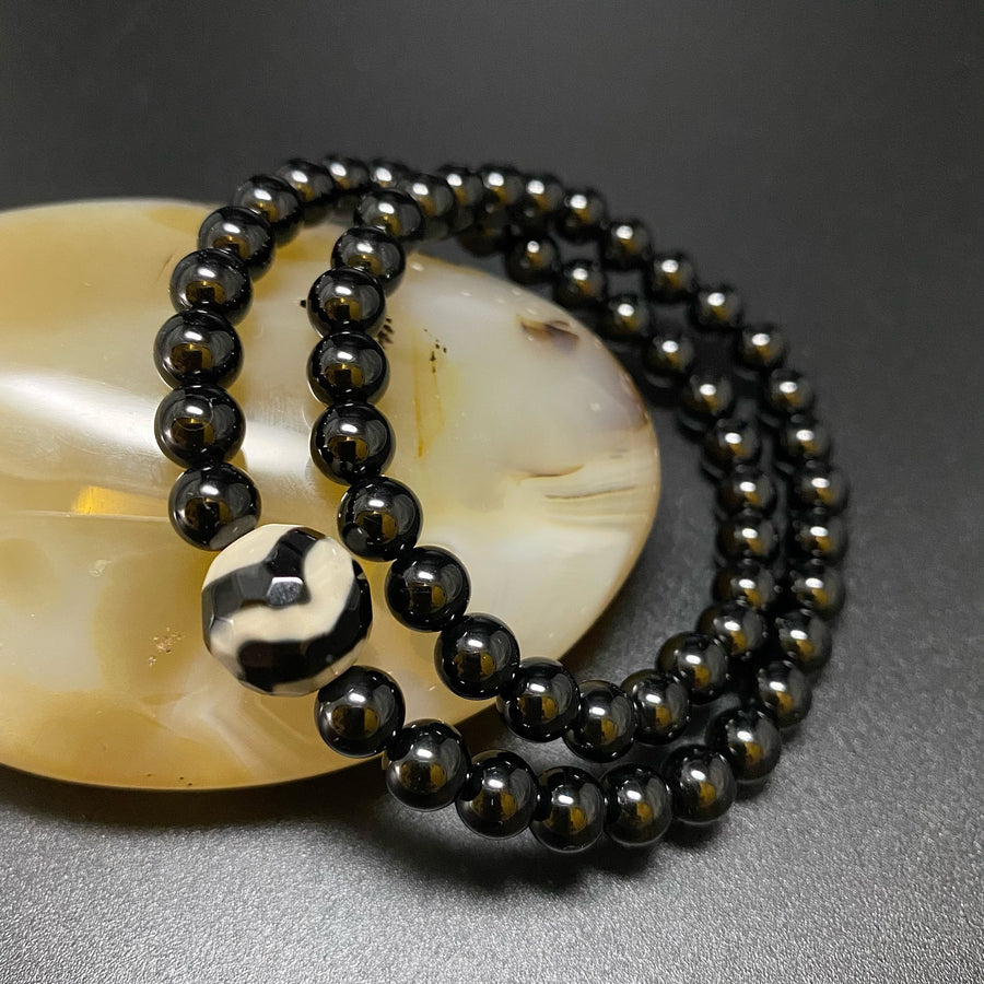 BLACK TOURMALINE WITH FORTUNE WAVE DZI DOUBLE STRANDS BRACELET